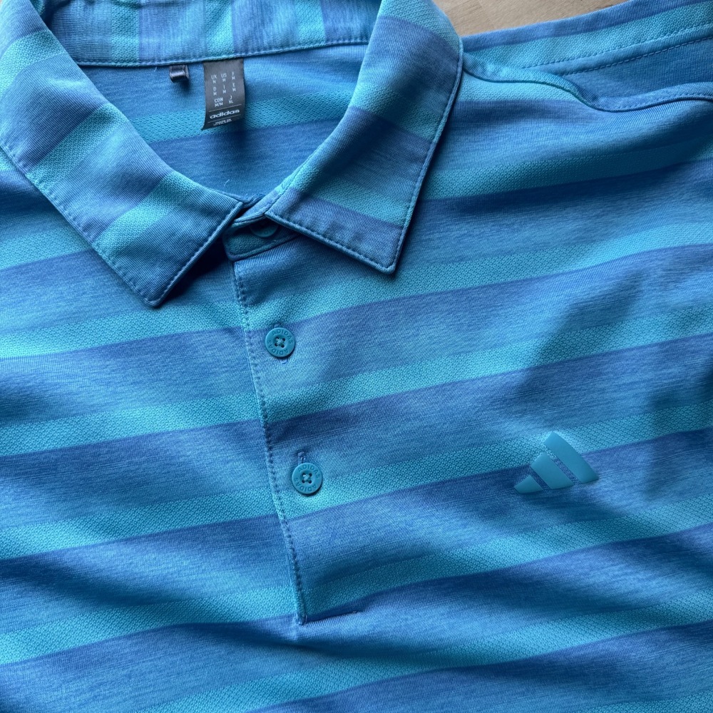 Adidas Golf Polo Shirt Men's Medium Blue Green Striped Performance Stretch